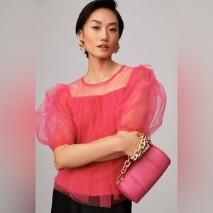 Anthropologie Hot Pink Tulle Puff Sleeve Blouse